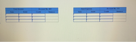 Fees Income Date Debit Account No. 401 Credit Balance Rent Expense Date Debit Account No. 511 Credit Balance