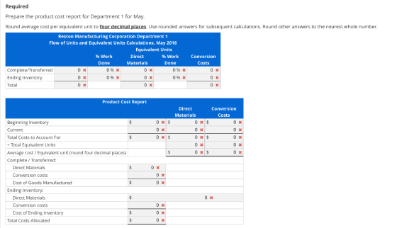 Required Prepare the product cost report for Department 1 for May Round average cost per equivalent unit to four decimal plac