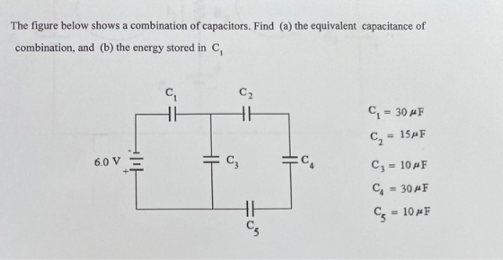 The figure below shows a combination of capacitors. Find (a) the equivalent capacitance of combination, and (b) the energy st