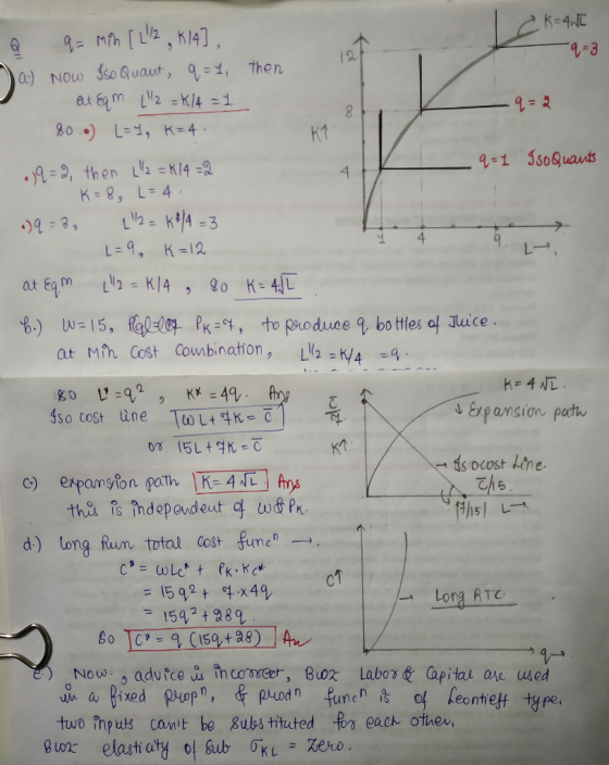 4-3 12 a) NOw Sso Guaut, , then. kt K- 8, L 4 Juce at Mh Cost Combination, A fso cost line [aLt 억 c y expansion pet 1ら d) tong Rum total cos+ fumen→ ↑ = 1592t 엌,x 49, = 154°+989 Long RTC eontiejt tg pe, tuomputs can ıt be 8ubs tituted fo each other, for elasticity 이 gub 0kL- zero