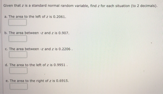 Given that z is a standard normal random variable, find z for each situation (to 2 decimals). a. The area to the left of z is 0.2061 b. The area between -z and z is 0.907. c. The area between -z and z is 0.2206 d. The area to the left of z is 0.9951. e. The area to the right of z is 0.6915
