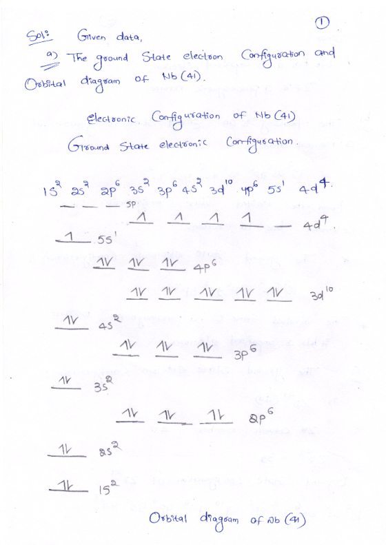 Solo Given data, a) The ground State electoon Configuration and Orbital diagram of Nb (41). Electronic Configuration of Hb (4