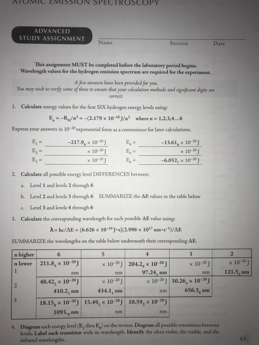 ATOMIC EMISSION SPECTROSCOPY ADVANCED STUDY ASSIGNMENT Name Section Date This assignment MUST be completed before the laborat