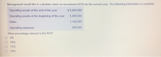 Management would like to calculate return on investment (ROI) for the current year. The following information is available: O