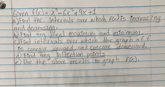 Given f(x) = x² - 6x² + 9 + 1 a) Find the intervals over which f(x) is increasing and decreasing. 6 Find any local maximum an