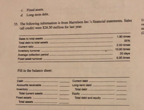 c. Fixed assets d Long-term debt. u 35. The following information is from Harrelson Inc.s financial statements. Sales (all credit) were $28.50 million for last year sti Sales to total assets ℡al debt to total assets Current ratio Inventory tumover Average collection period Fixed asset turnover 1.90 times 35% 2.50 times 10.00 times 20 days 5.00 times Fill in the balance sheet: Cash Accounts receivable Inventory Current debt... Long-term debt Total debt Total current assets Equity Fixed assets- Total debt and equity Total assets