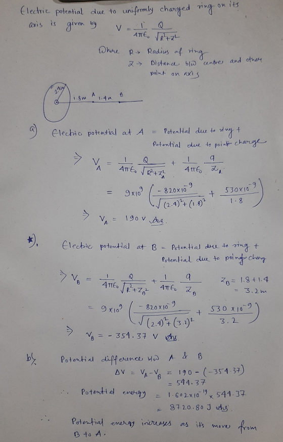 on its Electric potential due to uniformly charged ring axis is given by ATTE, VR + 2 Where R Radius of ring V 2 Distance blw