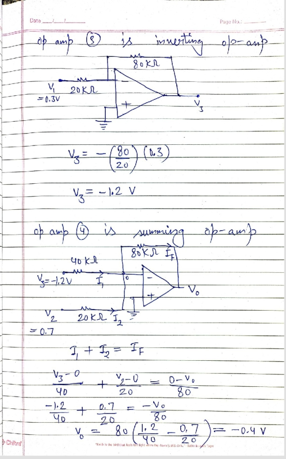 Date Page No.: op amb ③ is innerting opp- aup 80KR AM 20 kr -0.3V (80 (03 20 V=-1.2 V op amp 6 is summing op-am 80kr f 40 KI