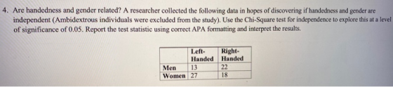 4. Are handedness and gender related? A researcher collected the following data in hopes of discovering if handedness and gen