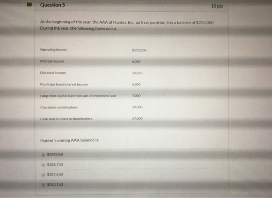 Question 5 10 pts At the beginning of the year, the MA of Hunter, Inc., an Scorporation has a balance of $225.000 During the