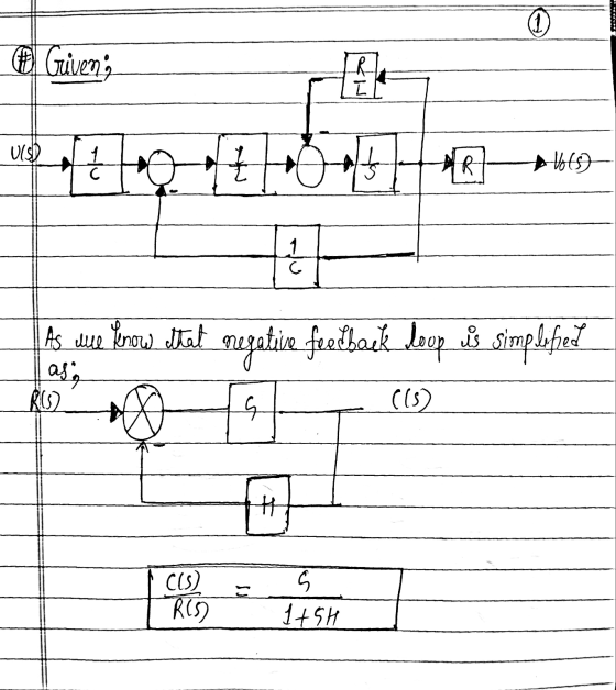 1) @ Given E I VISD 1 + AR Vols) C asos RO As we know) Jtat negative feedback loop is simplesed 5 (15) S CUS) RCS 175H