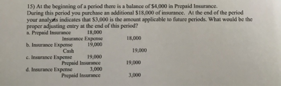 15) At the beginning of a period there is a balance of $4,000 in Prepaid Insurance. During this period you purchase an additi