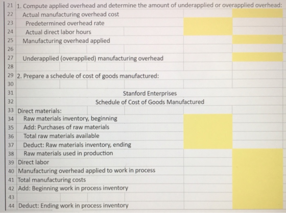 22 24 21 1. Compute applied overhead and determine the amount of underapplied or overapplied overhead: Actual manufacturing o