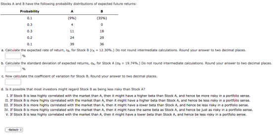 Stocks A and B have the following probability distributions of expected future returns: Probability 0.1 0.3 0.3 (35%) 0 18 29 36 (996) 4 24 0.1 39 a. Calculate the expected rate of return, r, for Stock B (rA = 12.30%.) Do not round intermediate calculations. Round your answer to two decimal places. b. Calculate the standard deviation of expected returns, σΑ, for Stock A (OB = 19.74%.) Do not round intermediate calculations. Round your answer to two decimal places. C. Now calculate the coefficient of variation for Stock B. Round your answer to two decimal places. d. Is it possible that most investors might regard Stock B as being less risky than Stock A? I. If Stock B is less highly correlated with the market than A, then it might have a higher beta than Stock A, and hence be more risky in a portfolio sense II. If Stock B is more highly correlated with the market than A, then it might have a higher beta than Stock A, and hence be less risky in a portfolio sense III. If Stock B is more highly correlated with the market than A, then it might have a lower beta than Stock A, and hence be less risky in a portfolio sense IV. If Stock B is more highly correlated with the market than A, then it might have the same beta as Stock A, and hence be just as risky in a portfolio sense V. If Stock B is less highly correlated with the market than A, then it might have a lower beta than Stock A, and hence be less risky in a portfolio sense Select-