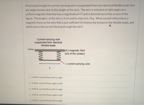 A horizontal length of current-carrying wire is suspended from two identical flexible leads that are under tension due to the