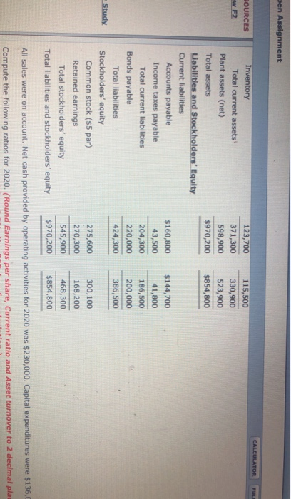 ben Assignment CALCULATOR PUL SOURCES w F2 123,700 371,300 598,900 $970,200 115,500 330,900 523,900 $854,800 Inventory Total