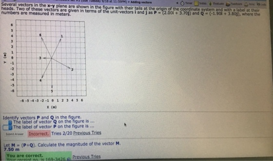 9/18 at 11:59PM) Adding vectors Several vectors in the x-y plane are shown in the figure w heads. Two of these vectors are given in terms of the unit-vectors i and as P (2.00i + 3.70j) numbers are measured in meters ith their tails at t in of the coordin stem and with a label at their 3. 6-5-4-3-2-1 0123456 x (m) Identify vectors P and Q in the figure The label of vector Q on the figure is The label of vector P on the figure is Submit Answer Tries 2/20 Previous Tries Let M (P+Q). Calculate the magnitude of the vector M 7.50 m You are correct Your roceint no, is 169-3426 Previous Tries