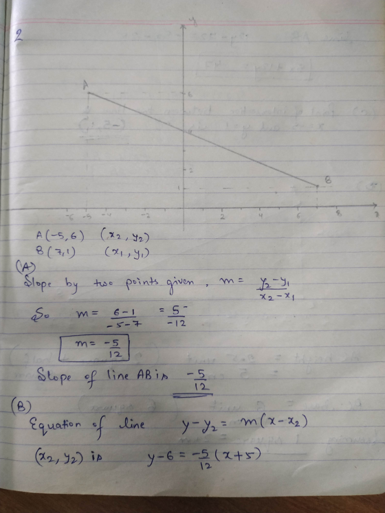 8 A(-5,6) (X2,42) 8(7,1) (x, y) Slope by two points given 7 12-Y x2-x So m= = 5- - 12 -5-7 m = -5 12 Slope of line AB is -5 1