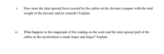 v. How must the total upward force exerted by the cables on the elevator compare with the total weight of the elevator and it