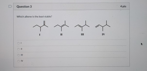 D Question 3 4 pts Which alkene is the least stable? پہلی با COC