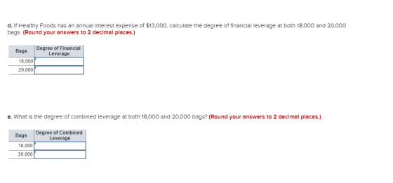 d. If Healthy Foods has an annual Interest expense of $13,000, calculate the degree of financial leverage at both 18,000 and