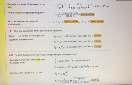 Calculate the speed of the wave on the -(- 80 N 1/2 1/2 -2.00 x 102 m/s wire: kg/m 2.00 x 10-3 Find the wires fundamental fr