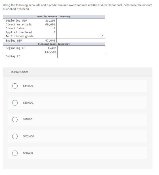 Using the following accounts and a predetermined overhead rate of 60% of direct labor cost, determine the amount of applied o
