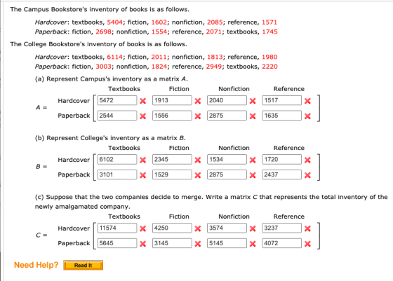 The Campus Bookstores inventory of books is as follows. Hardcover: textbooks, 5404; fiction, 1602; nonfiction, 2085; referen