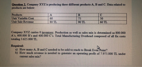 Question 2. Company XYZ is producing three different products A, B and C. Data related to products are below: Products Unit V