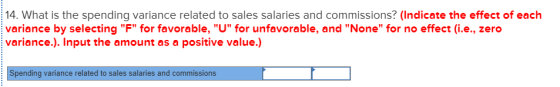 14. What is the spending variance related to sales salaries and commissions? (Indicate the effect of each variance by selecti