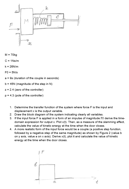 k c M mm] F M = 70kg C = 1 Ns/m k = 26N/m FO = 5N/S a = 9s (duration of the couple in seconds) b = 45N (magnitude of the step