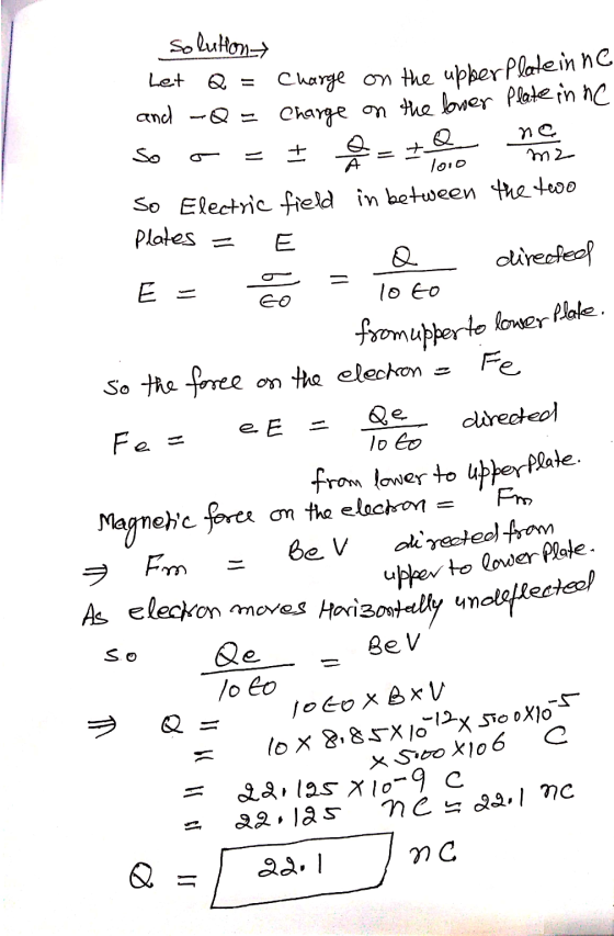solution Let Q = and Q = Charge on the upper plate in ne Charge on the lower Plate in ne ne 1010 So Electric field in between