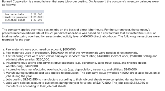 Bunnell Corporation is a manufacturer that uses job-order costing. On January 1, the companys inventory balances were as fol