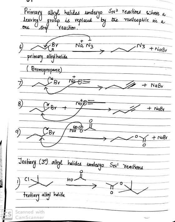 13 Primary alkyl halides undergo SNZ reachions where a leaving group is replaced by the nucleophile in a one step reaction. 6