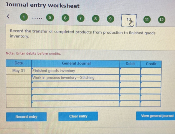Journal entry worksheet O ..... 0 0 0 0 0 19 @ @ Record the transfer of completed products from production to finished goods