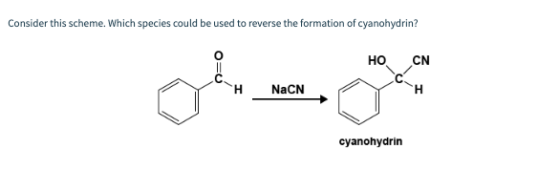 Consider this scheme. Which species could be used to reverse the formation of cyanohydrin? но CN H NaCN cyanohydrin