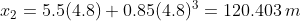 x_2=5.5(4.8)+0.85(4.8)^3=120.403,m
