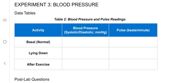 EXPERIMENT 3: BLOOD PRESSURE Data Tables Table 2: Blood Pressure and Pulse Readings Activity Blood Pressure (Systolic/Diastol