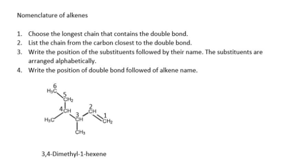 Nomenclature of alkenes 1. 2. 3. Choose the longest chain that contains the double bond. List the chain from the carbon close