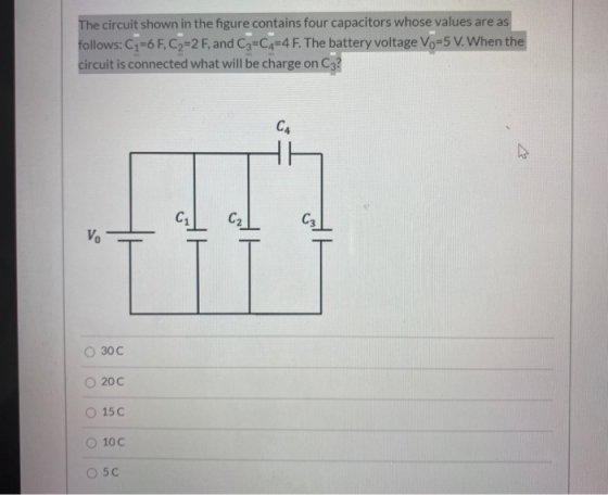 The circuit shown in the figure contains four capacitors whose values are as follows: C2=6 F, C2=2 F, and C3=C4=4 F. The batt