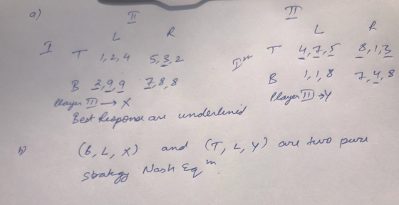 T T 1,2,4 5,3,2 t T 4,7, 8, 1,3 B 2,99 7,8,8 B 1, 1,8 7,4,8 Player 1 x Player II >Y Best Response are underlined (6, L, x) an