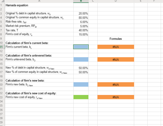 1 Hamada equation 3 4 Original % debt in capital structure, W. Original % common equity in capital structure, W. Risk-free ra