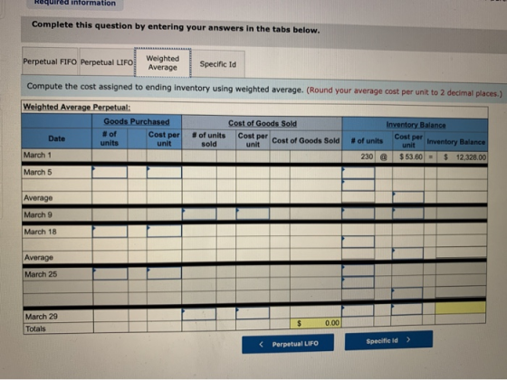 uired information Complete this question by entering your answers in the tabs below. Perpetual FIFO Perpetual LIFO Weighted A