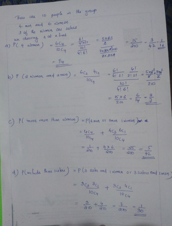 He group (o people There ate 6 Oomen 4-men dud 3 of the wmen ar sisteus we choosnng a) PC wbmen) hat a hme 6 1 421 = $x63 3L
