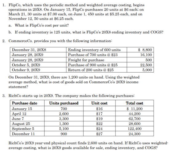 1. FlipCo, which uses the periodic method and weighted average costing, begins operations in 20X8. On January 15, Flip Co pur