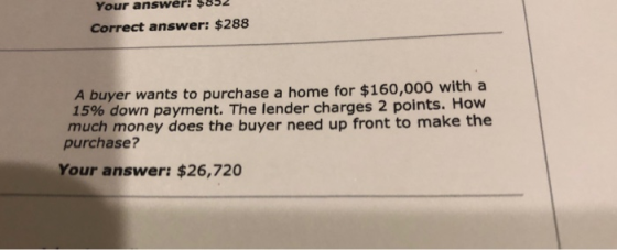 Your answer! Correct answer: $288 A buyer wants to purchase a home for $160,000 with a 15% down payment. The lender charges 2