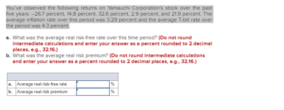 Youve observed the following returns on Yamauchi Corporations stock over the past five years: -26.7 percent, 14.8 percent,