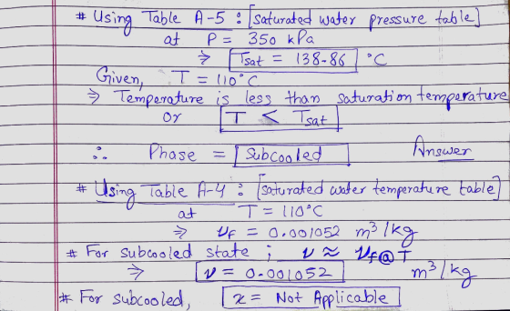 Using Table A-5 at Saturated watey pressure table P = 350 kPa Sat (38-86 C Given Temperature is less than Soturati on Iempara