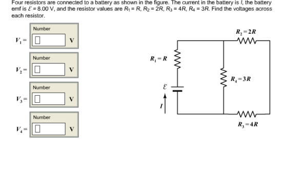 Four resistors are connected to a battery as shown