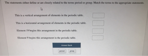 The statements either define or are closely related to the terms period or group. Match the terms to the appropriate statemen